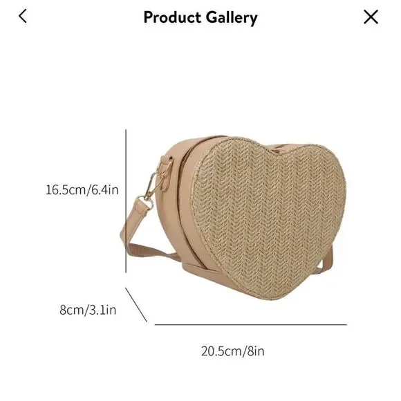 Straw Heart Cream Crossbody Shoulder Bag - Picture 5 of 6